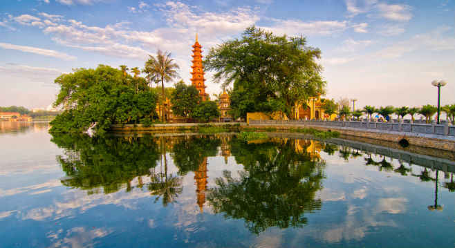 Hanoi's famous pagoda reflected on the water