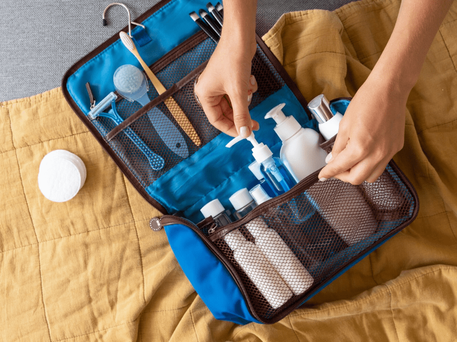 A health and hygiene kit including personal medications, first aid supplies, and insect repellent.