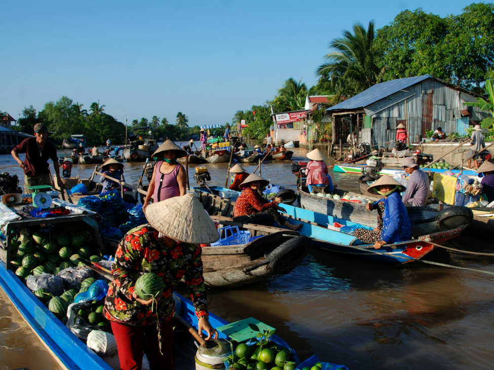 Cai Rang Floating Market at dawn with bustling boats.