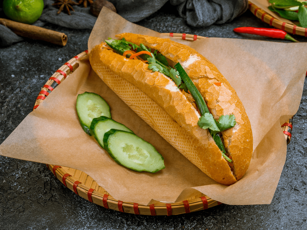 Vegetarian Banh Mi sandwich with tofu and pickled vegetables in Vietnam