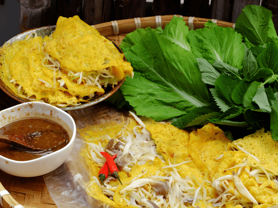 Vegetarian Vietnamese pancake with vegetables and tofu in Vietnam