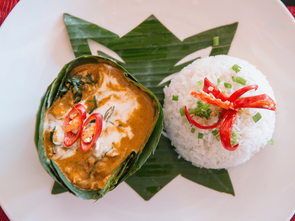 Amok Trey fish curry in banana leaves in Cambodia