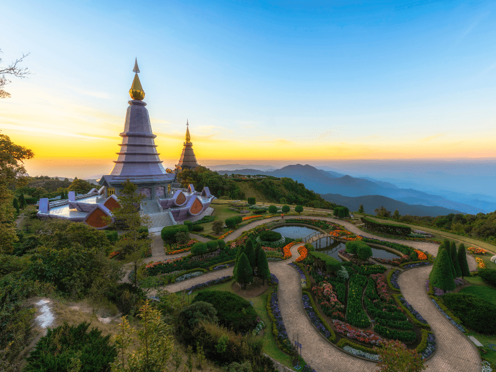 Panoramic view from the summit of Doi Inthanon with the Royal Pagodas in the background.