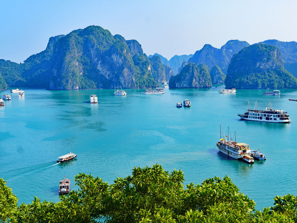Scenic view of Ha Long Bay with limestone islands and clear blue water