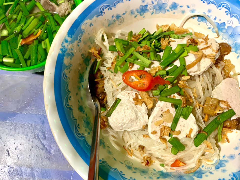 Bowl of Hu Tieu noodles at Can Tho floating market.