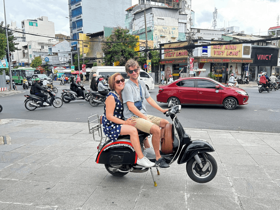 Couple enjoying a Vespa tour in Vietnam