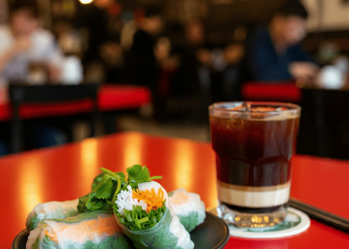 Fresh Vietnamese spring rolls paired with a glass of iced Vietnamese coffee.