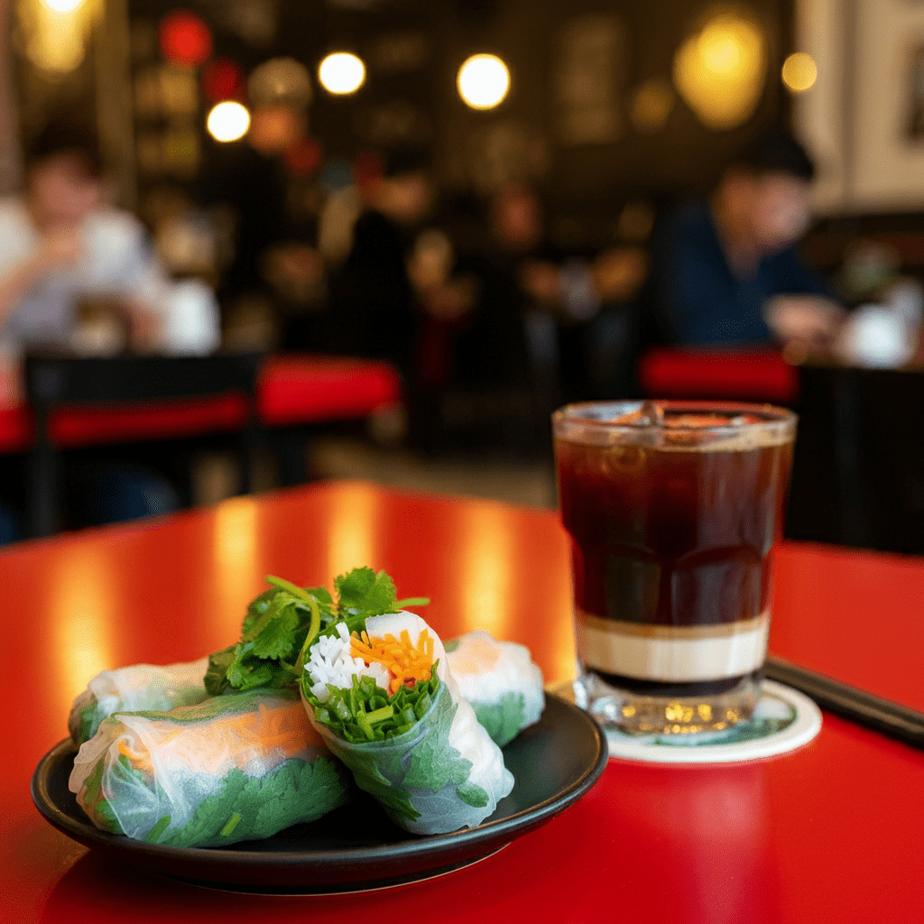 Fresh Vietnamese spring rolls paired with a glass of iced Vietnamese coffee.