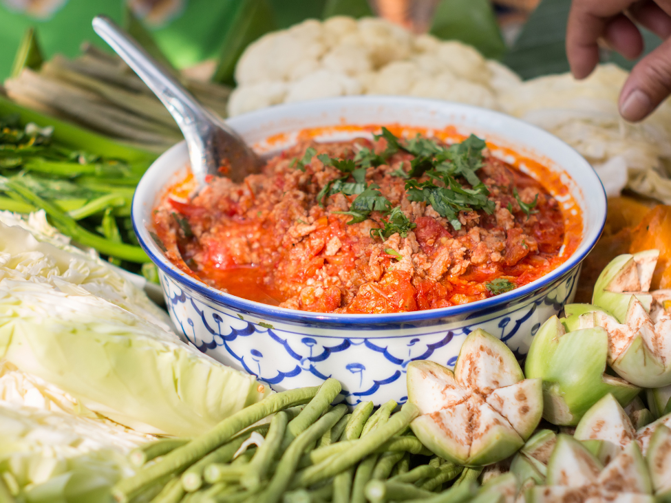 Nam Prik Ong, a Northern Thai chili dip, served with vegetables