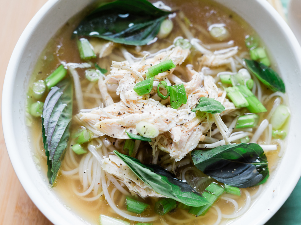 Clear broth and tender chicken in a bowl of pho ga at Pho Bat Dang in Hanoi's Old Quarter.