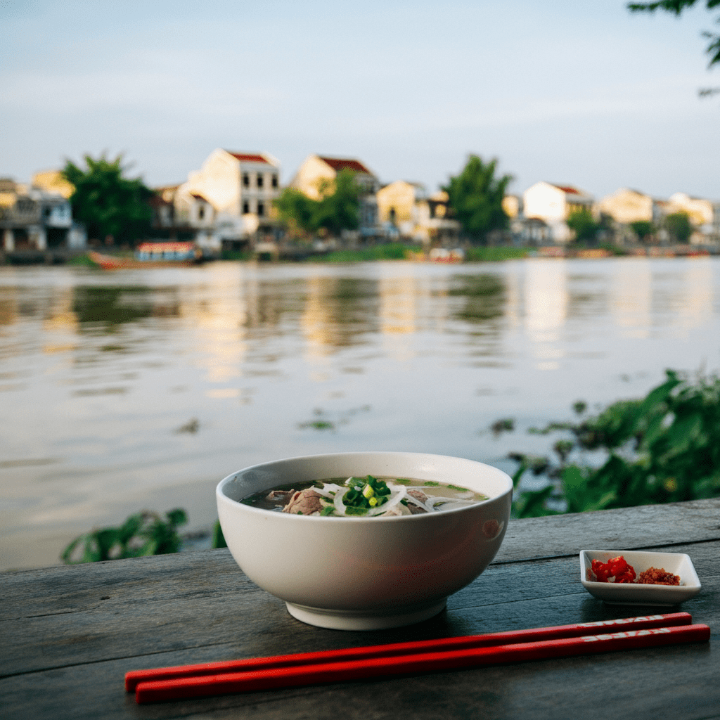 A serene riverside setting in Can Tho, with a steaming bowl of pho enjoyed by the water’s edge, capturing the local culinary experience.