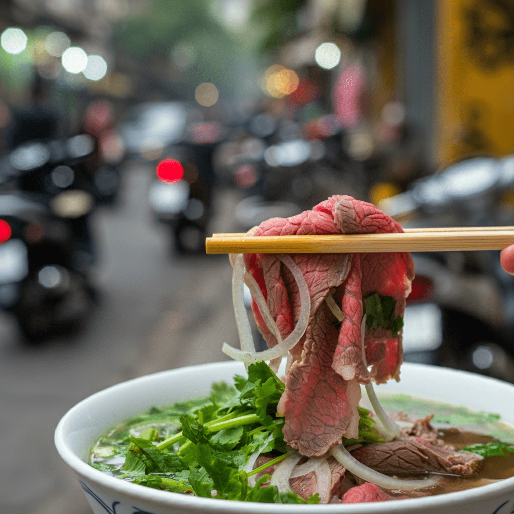 A traditional pho vendor in Hanoi's Old Quarter, serving a bowl of pho with thin-sliced beef and fresh herbs.