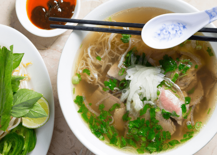 A steaming bowl of pho with a perfect blend of spices at Pho Lan Ong in Hanoi.