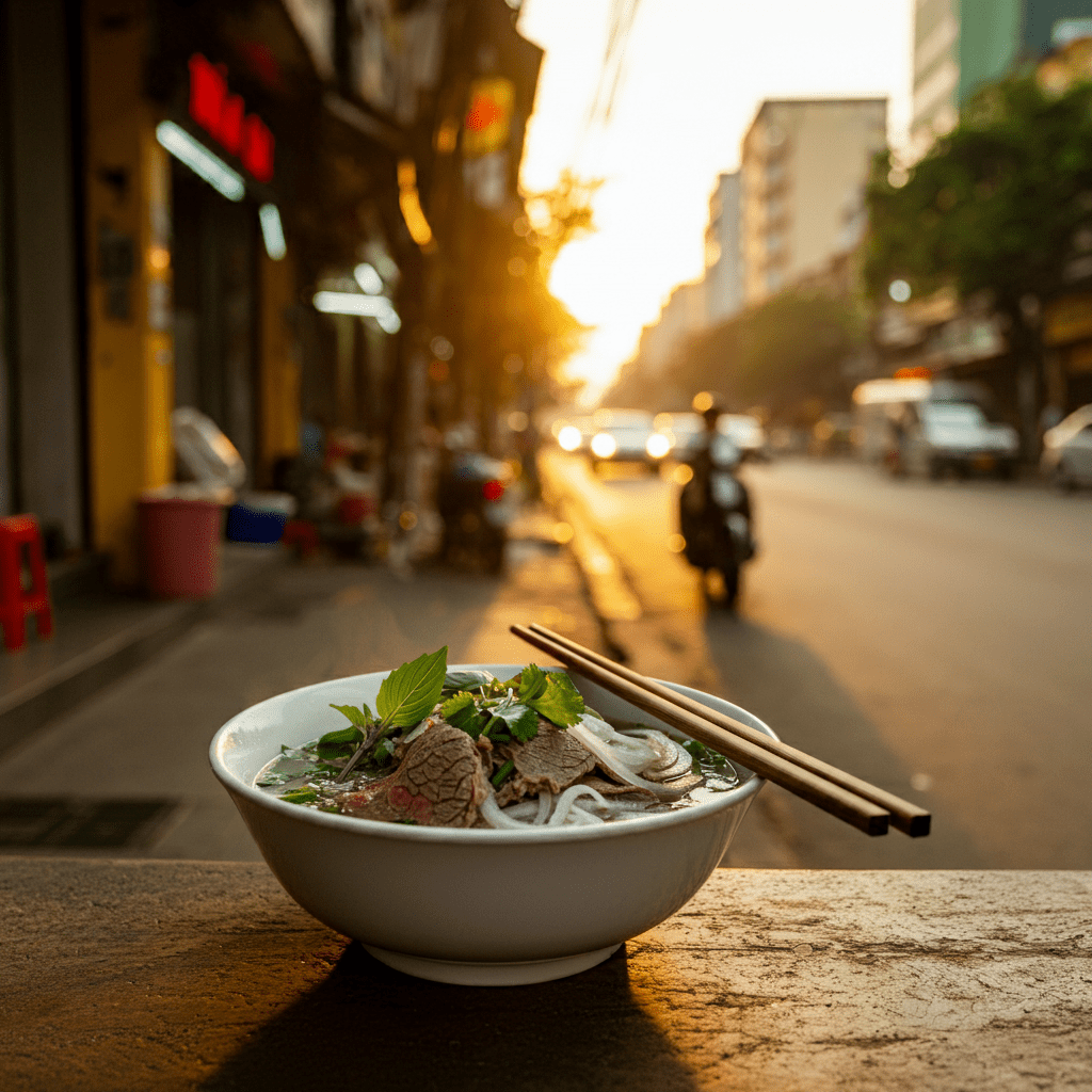 A vibrant street scene in Saigon with a steaming bowl of pho garnished with fresh herbs and beef slices.