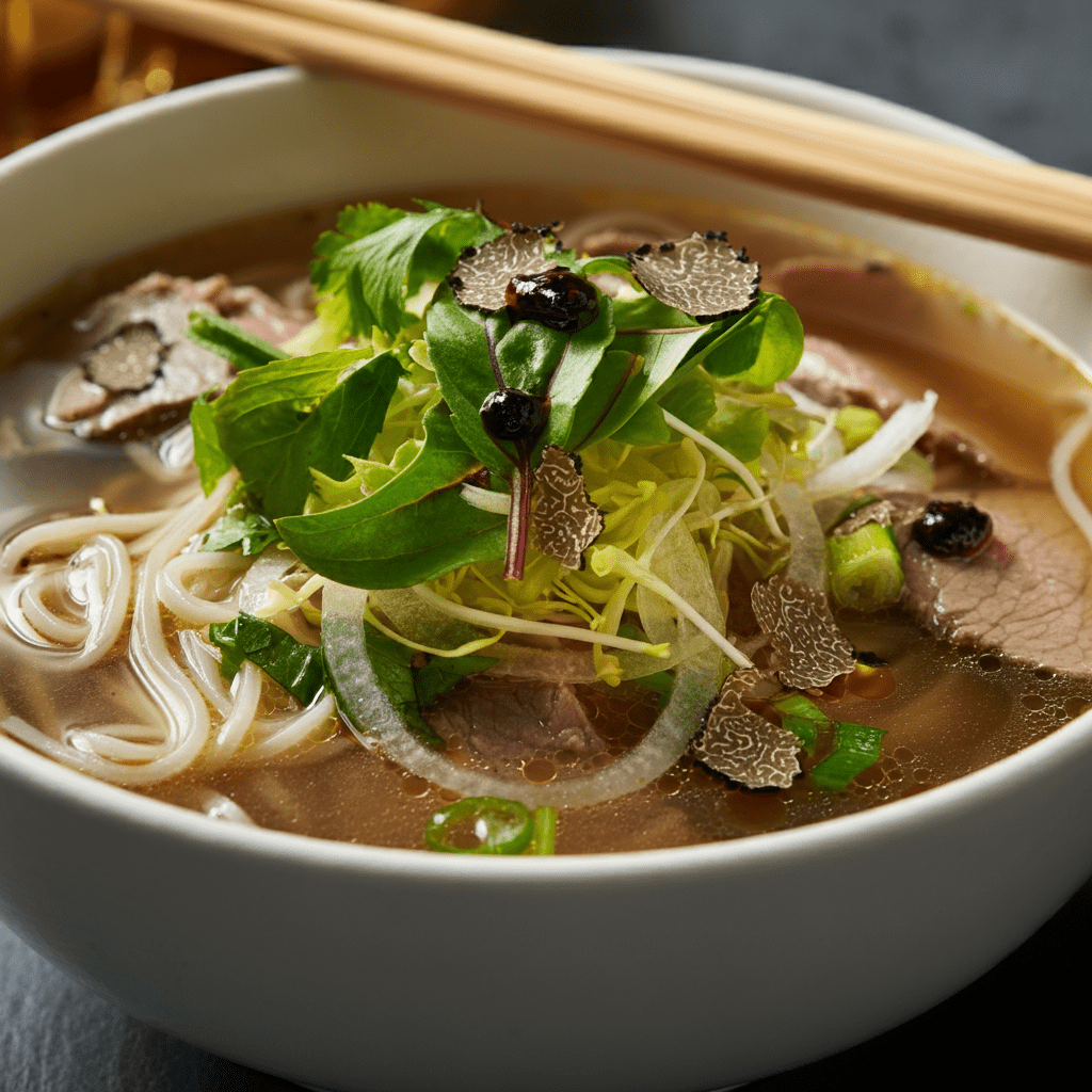 A bowl of fusion pho drizzled with truffle oil, highlighting the innovative take on this beloved Vietnamese noodle soup.