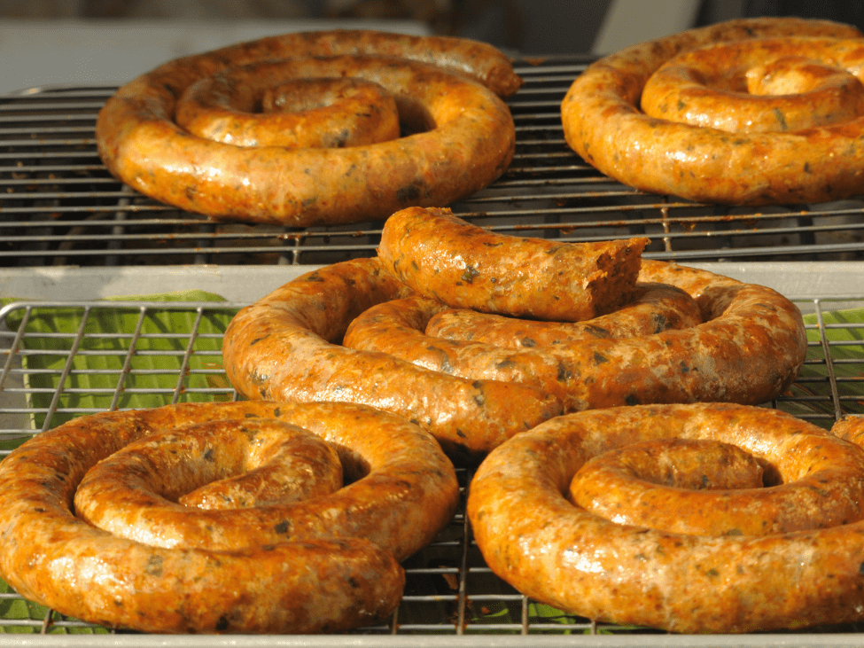 Sai Ua, Northern Thai sausage, served at Warorot Market