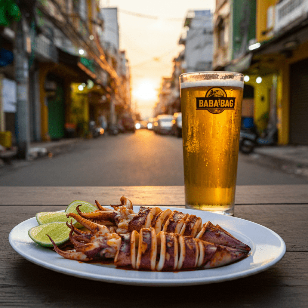 A plate of spicy grilled squid paired with a crisp craft beer in Saigon.