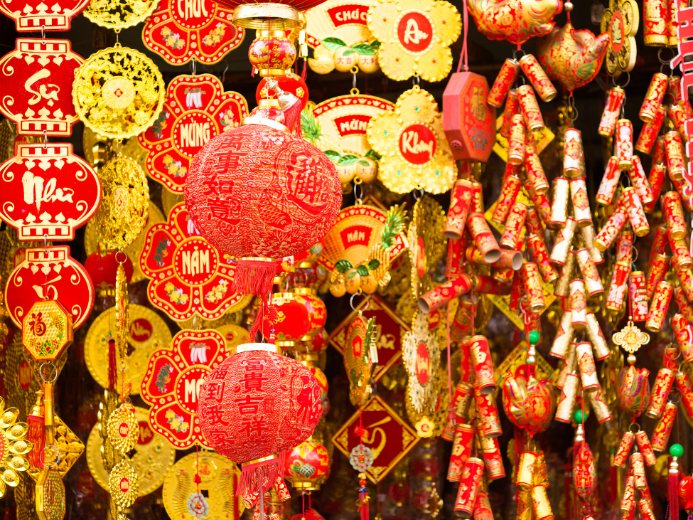 Colorful lanterns adorning the streets during Tet Festival in Vietnam.