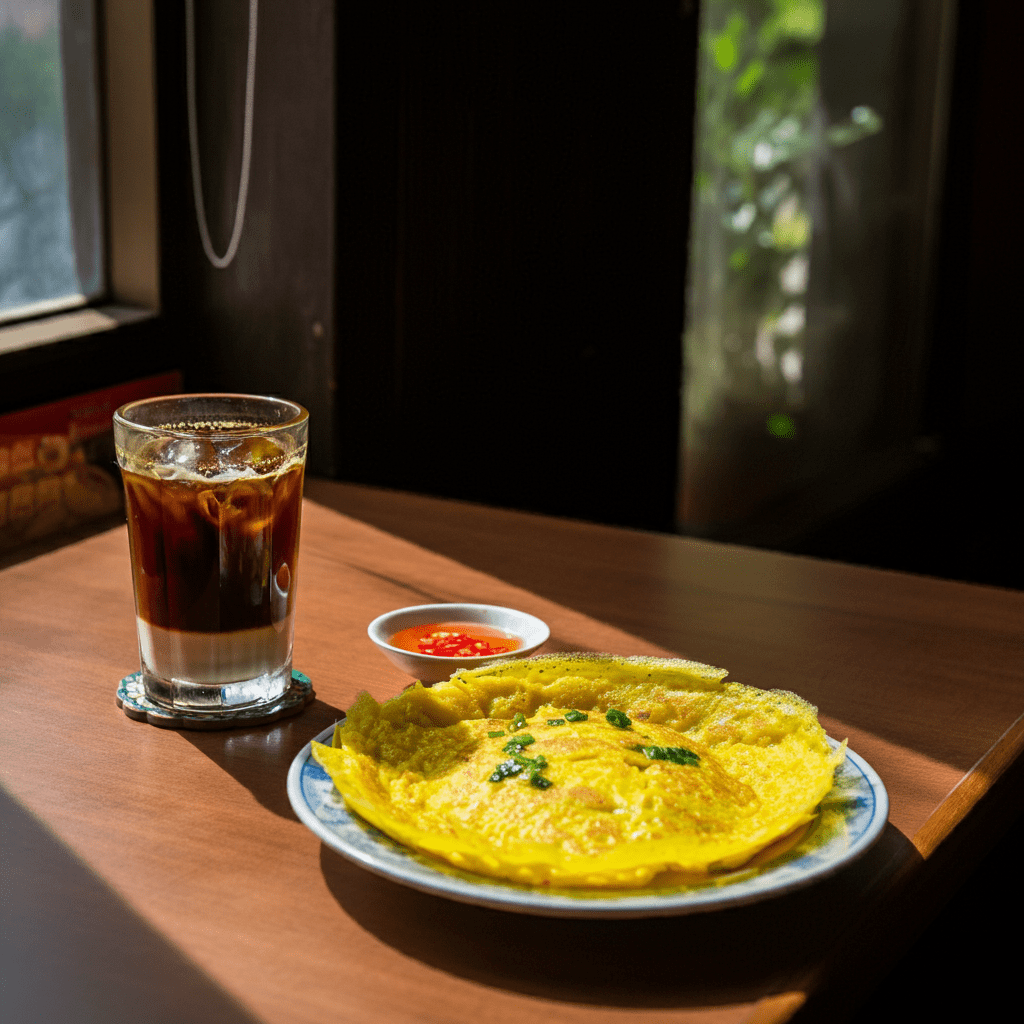 A glass of Vietnamese iced coffee with condensed milk beside a plate of crispy Bánh Xèo.