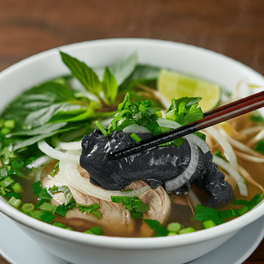 A steaming bowl of black chicken pho in Long Khánh, showcasing unique pho dishes Vietnam offers.