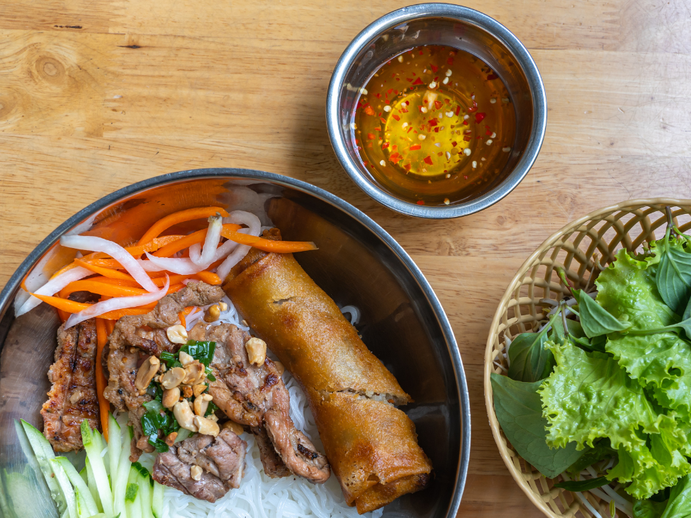 Grilled pork with vermicelli noodles, known as Bun Thit Nuong, at Ben Thanh Market.