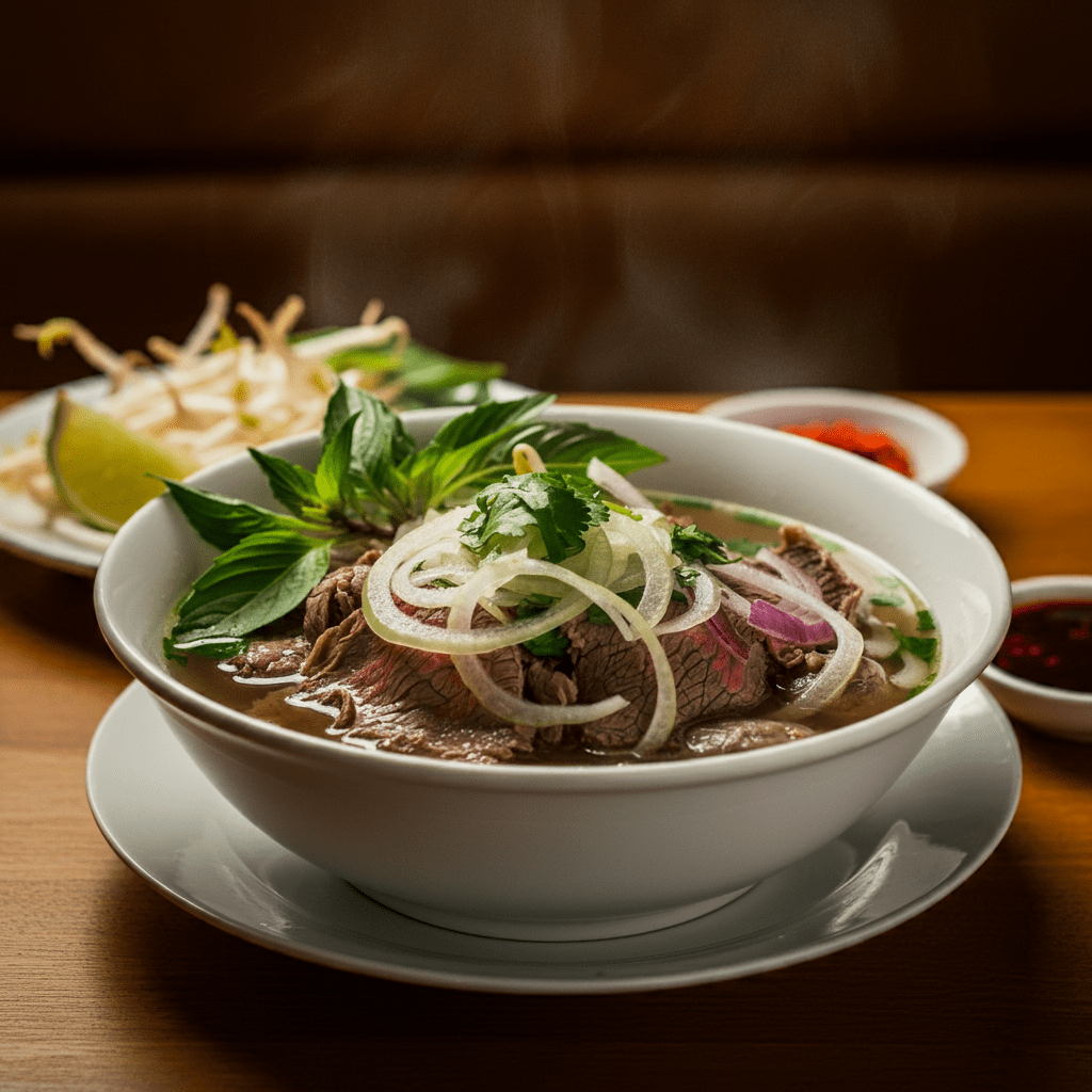 A steaming bowl of traditional beef pho served at Café Mama Pho, garnished with fresh herbs and lime.