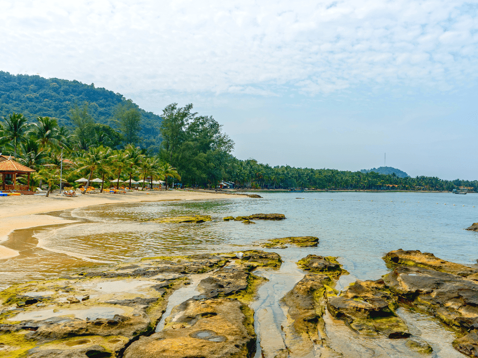 Crystal-clear waters and lush greenery at Ganh Dau Beach.