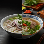 Comparison of Hanoi and Saigon pho – showing the difference in noodles, broth, and garnishes.