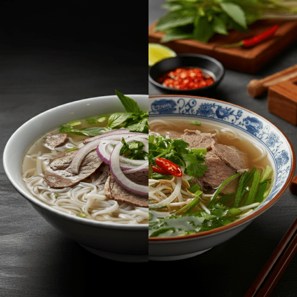 Comparison of Hanoi and Saigon pho – showing the difference in noodles, broth, and garnishes.