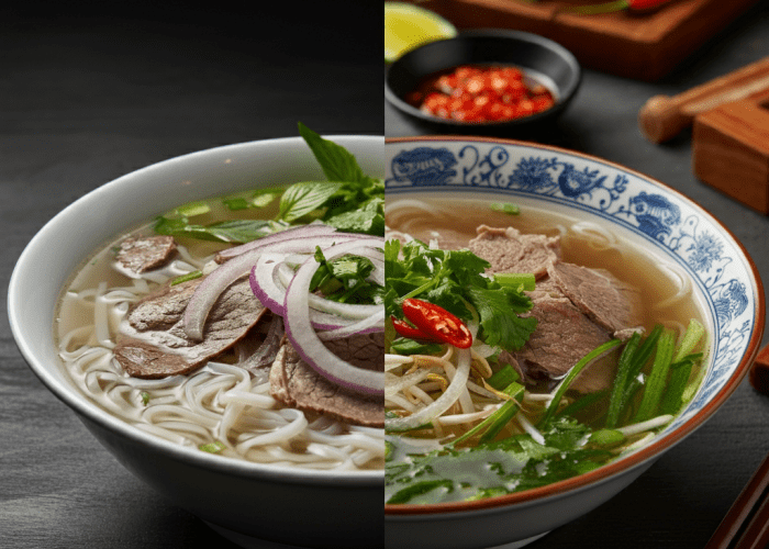 Comparison of Hanoi and Saigon pho – showing the difference in noodles, broth, and garnishes.