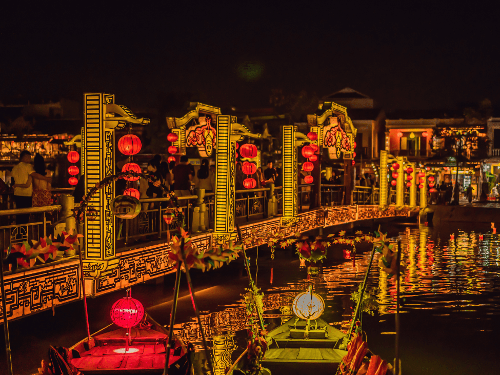 A stunning view of Hoi An night lanterns glowing brightly in the dark.