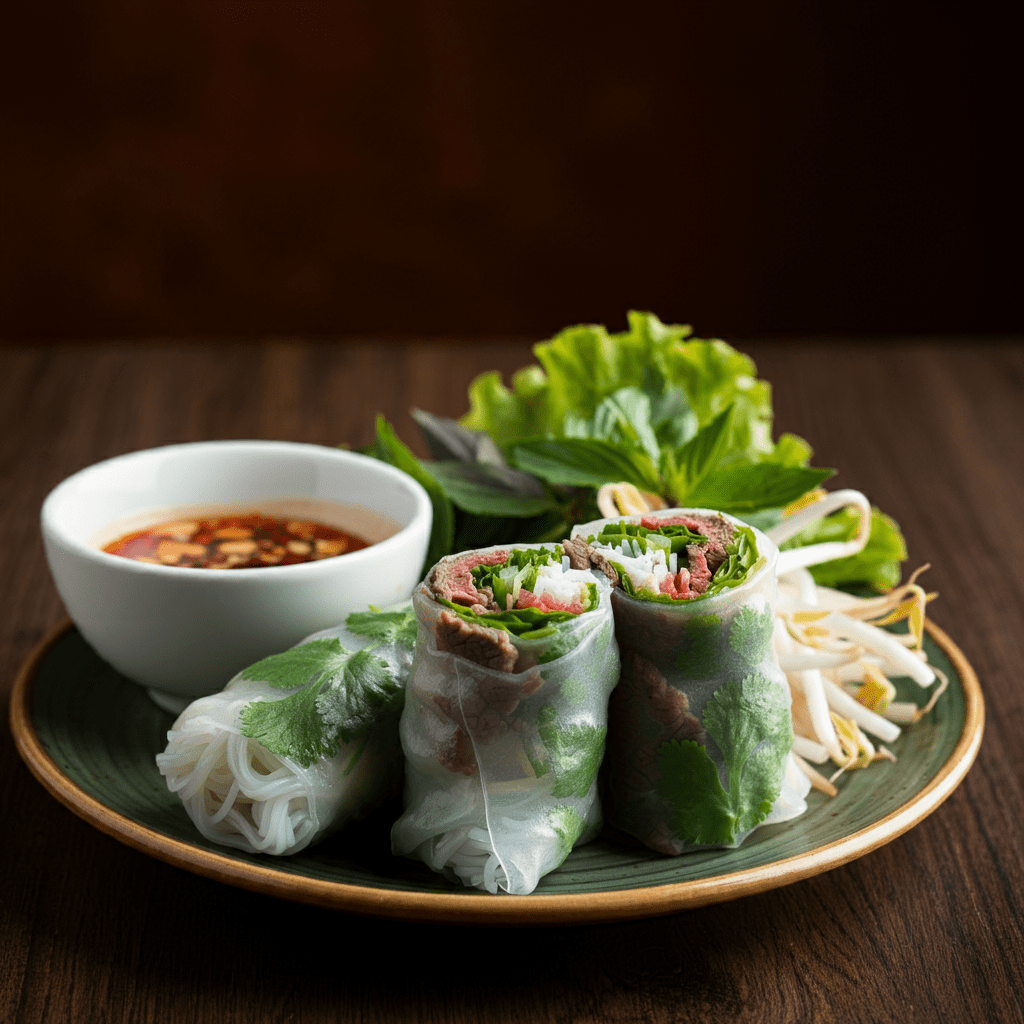 A plate of pho cuon from Hương Mai in Hanoi, featuring tender beef and fresh herbs.