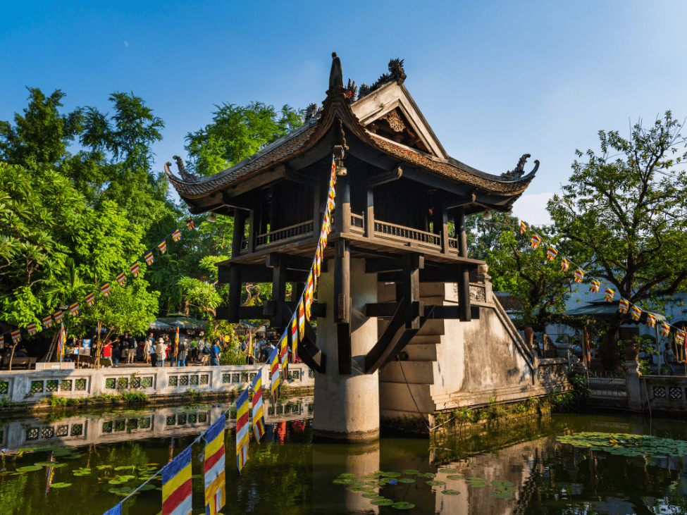 The unique One Pillar Pagoda in Hanoi, with its distinctive single stone pillar design.