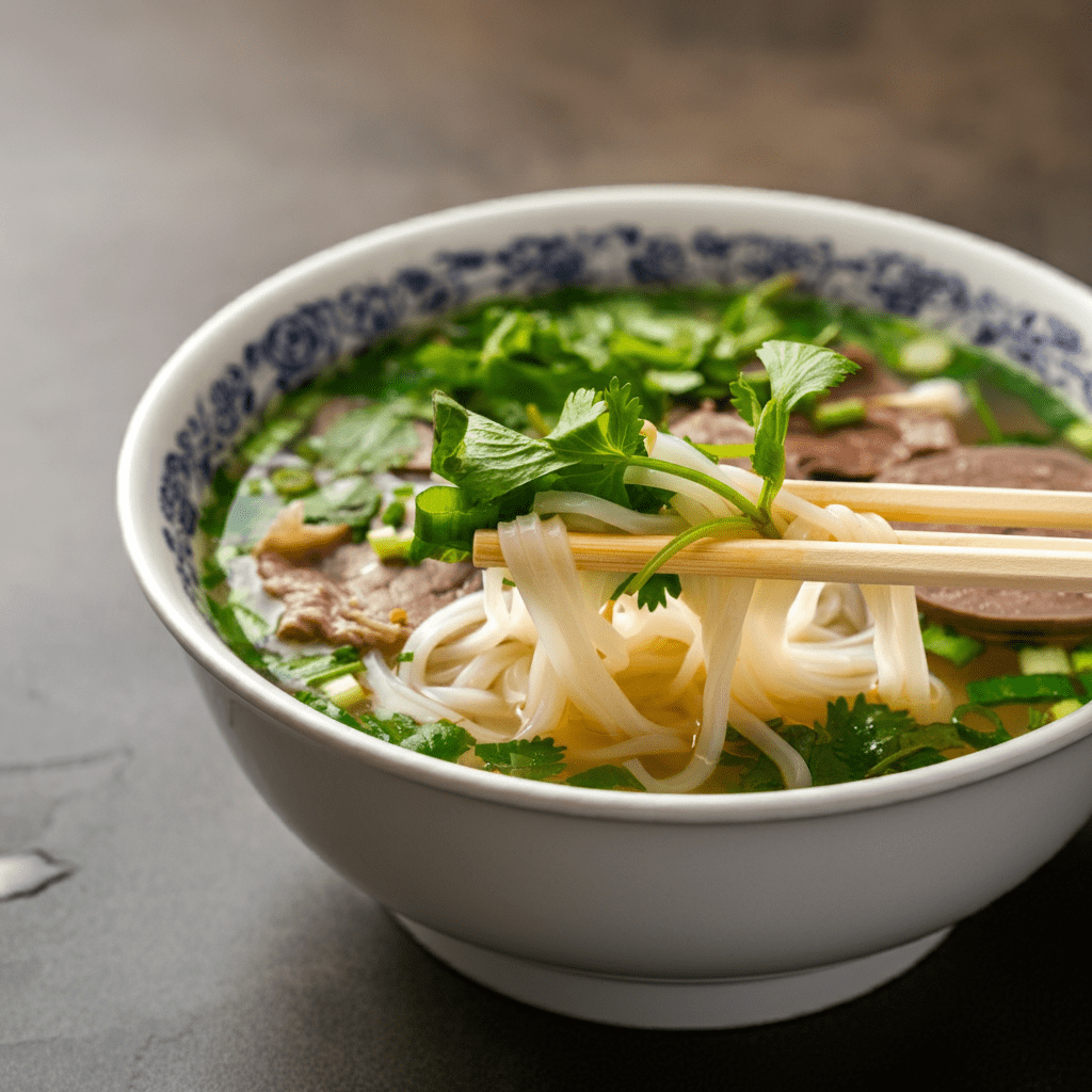 The bustling interior of Phở Binh in Houston, with rustic tables and the aromatic scent of spices filling the air