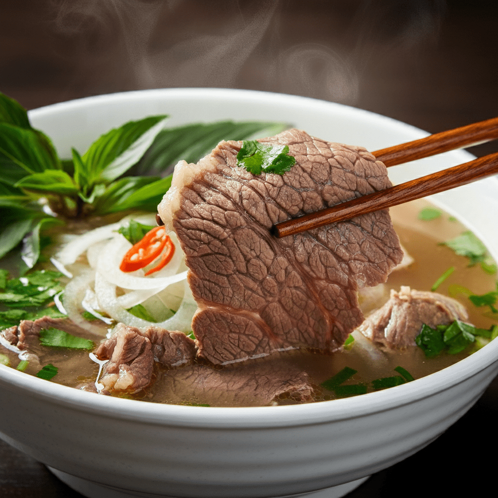 A close-up of a steaming bowl of phở bò from Phở Gia Truyền, showcasing tender beef and fresh herbs.