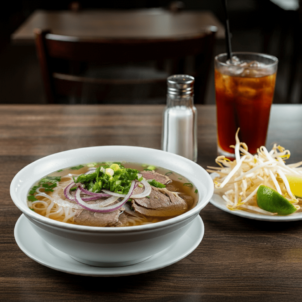 Traditional pho served at Pho Bournemouth with fresh herbs and lime.