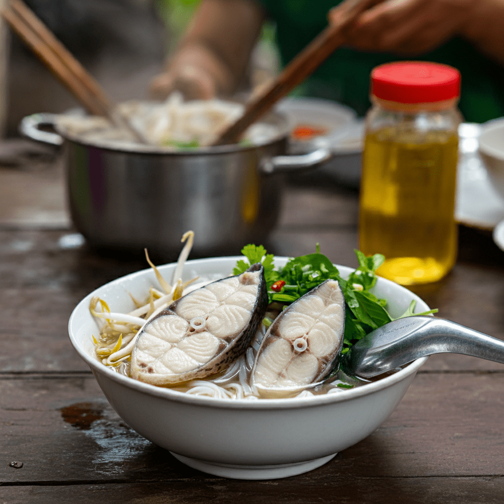 A hearty bowl of Phở Cá Lóc at Tài Ký, Can Tho.