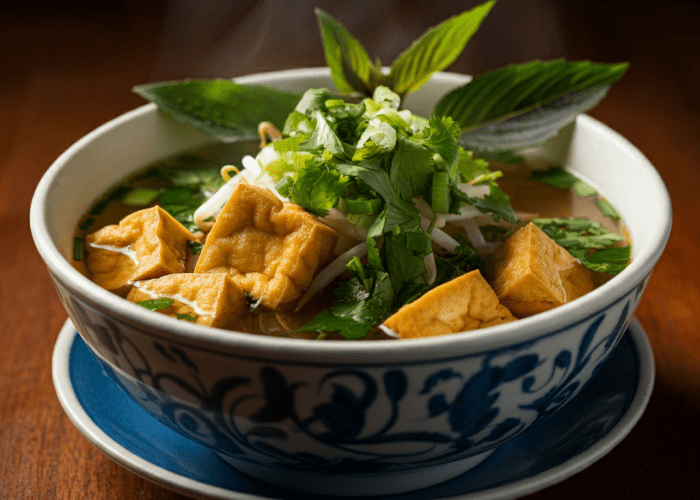 A traditional bowl of pho chay with vegetables, noodles, and tofu.