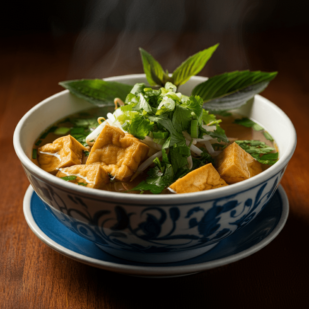 A traditional bowl of pho chay with vegetables, noodles, and tofu.