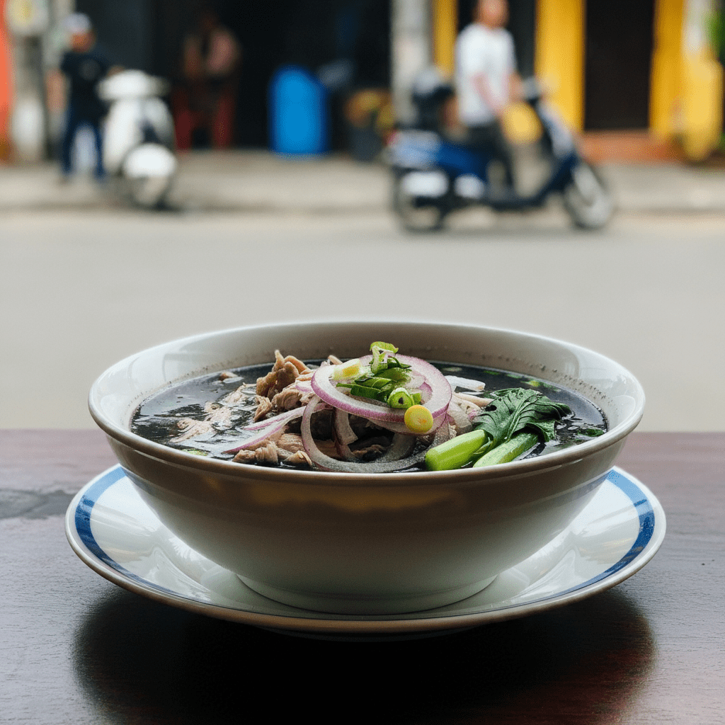 Close-up of pho ga den, highlighting the distinct black chicken amidst aromatic broth and fresh herbs.