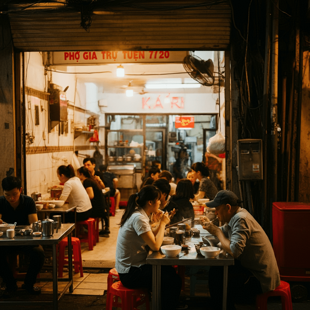 A bustling crowd outside Phở Gia Truyền at 49 Bát Đàn, Hanoi, with bowls of steaming pho on the tables.