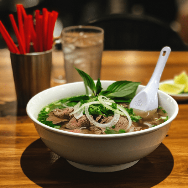 Traditional pho Hanoi style served at Pho Stop, Singapore, featuring aromatic broth and delicate rice noodles.