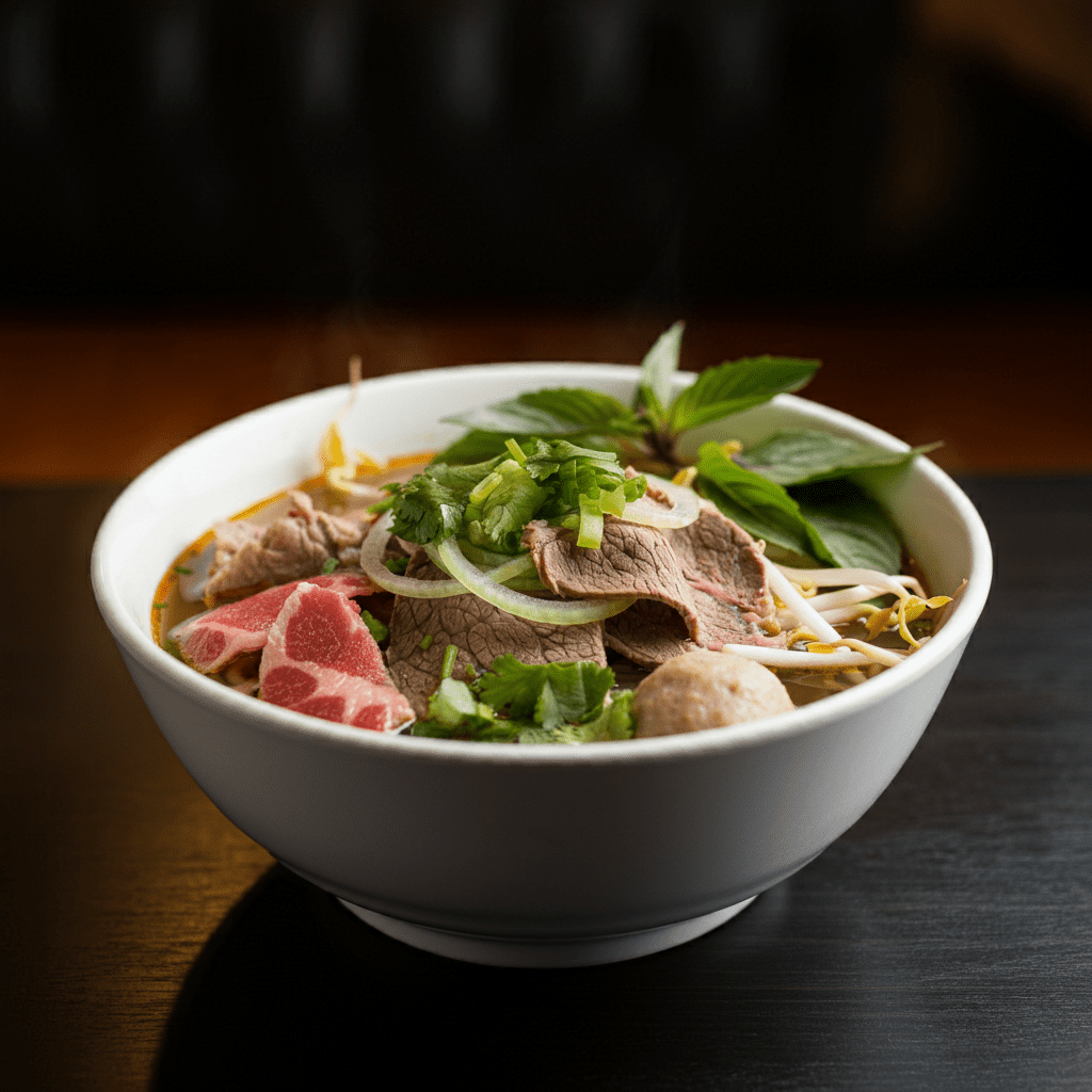 A bowl of Pho Remix featuring a mix of meats and veggies at Viet Shack.