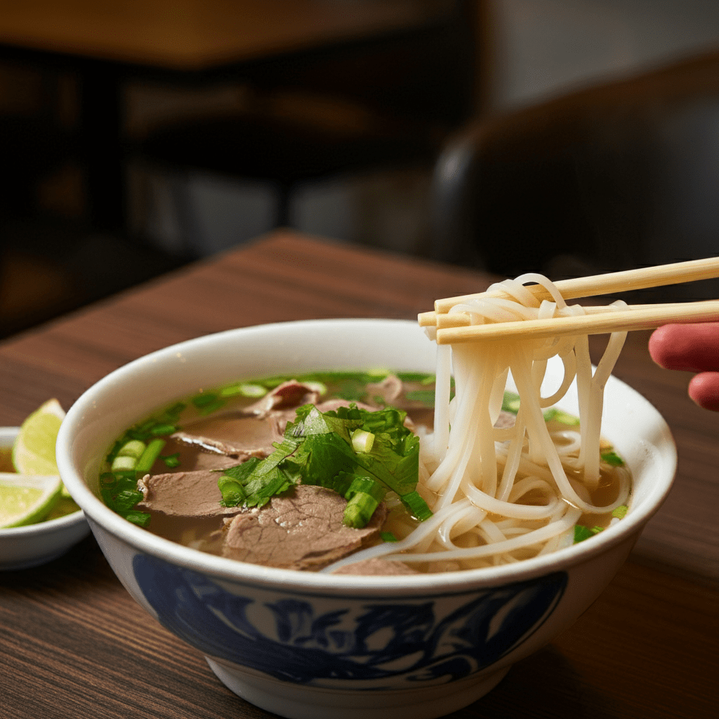 Rich and savory pho Saigon from Pho Stop in Singapore, showcasing vibrant Vietnamese cuisine.