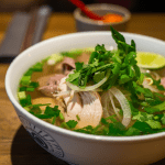 A vibrant bowl of chicken pho at Pho Soho London, served with fresh herbs and chili.