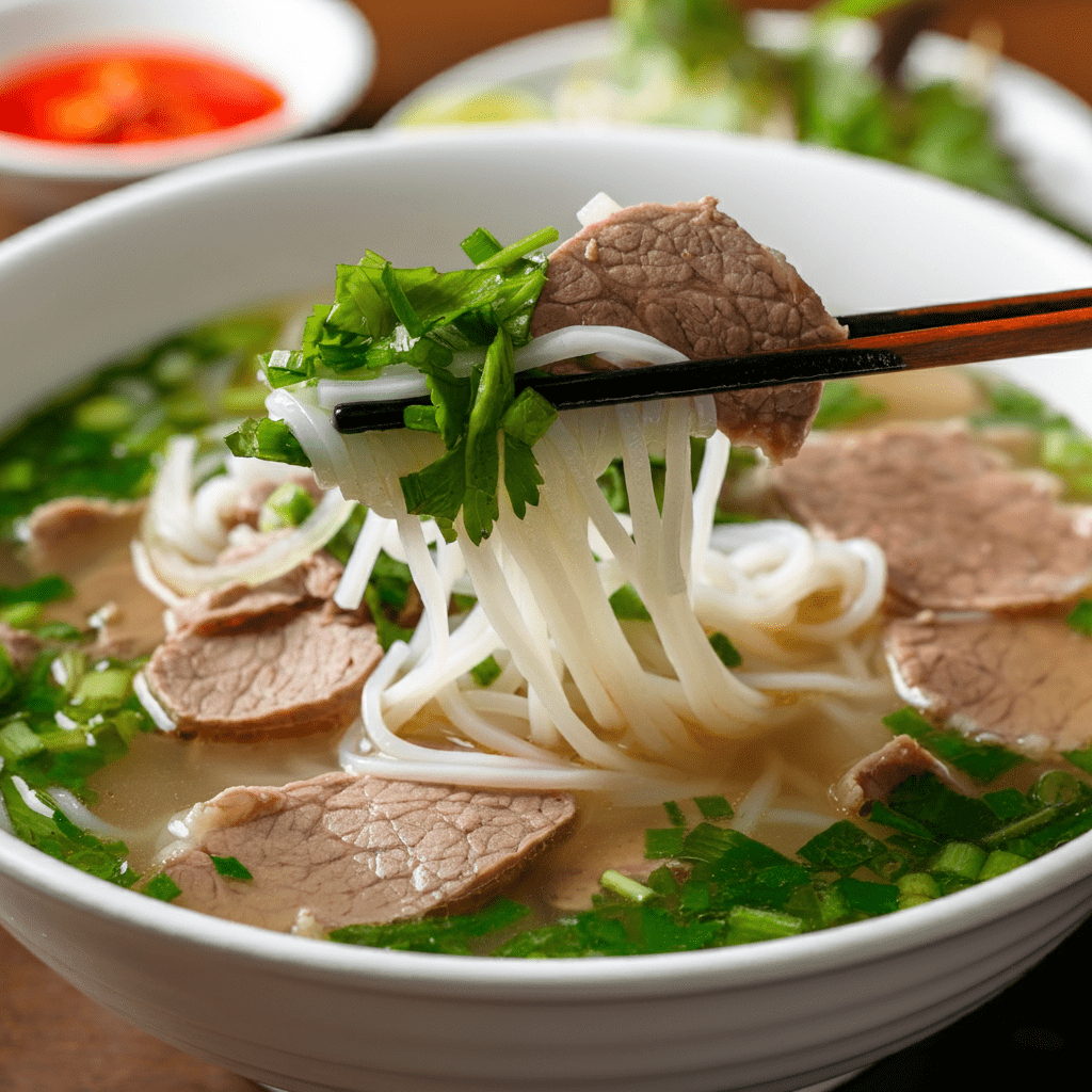 A close-up of the savory broth and noodles of Phở Tái Lăn, showcasing the harmony of flavors.