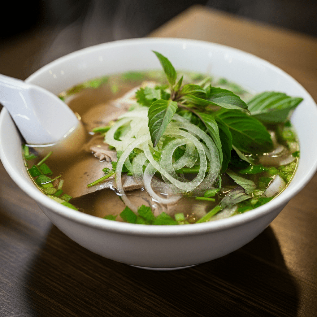 A bowl of Southern-style pho at Phở Tau Bay, garnished with fresh herbs and lime.