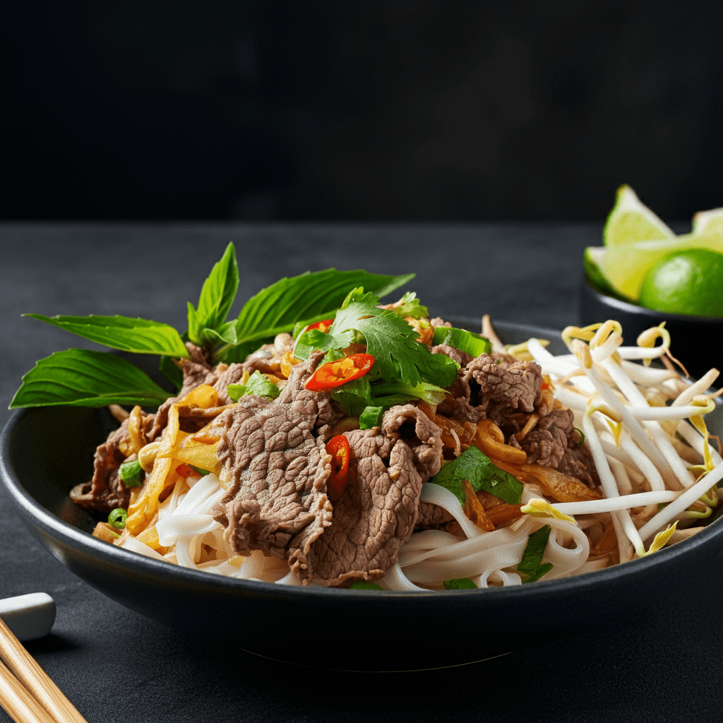 Stir-fried Phở Xào at Phở 2000 in Saigon, featuring soft noodles and tender beef in a savory sauce.