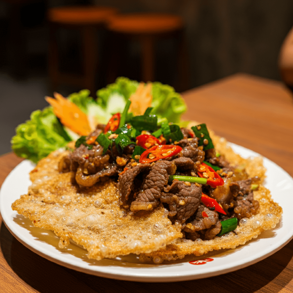 Phở Áp Chảo served with crispy noodles, chicken, and beef at Đường Thành.