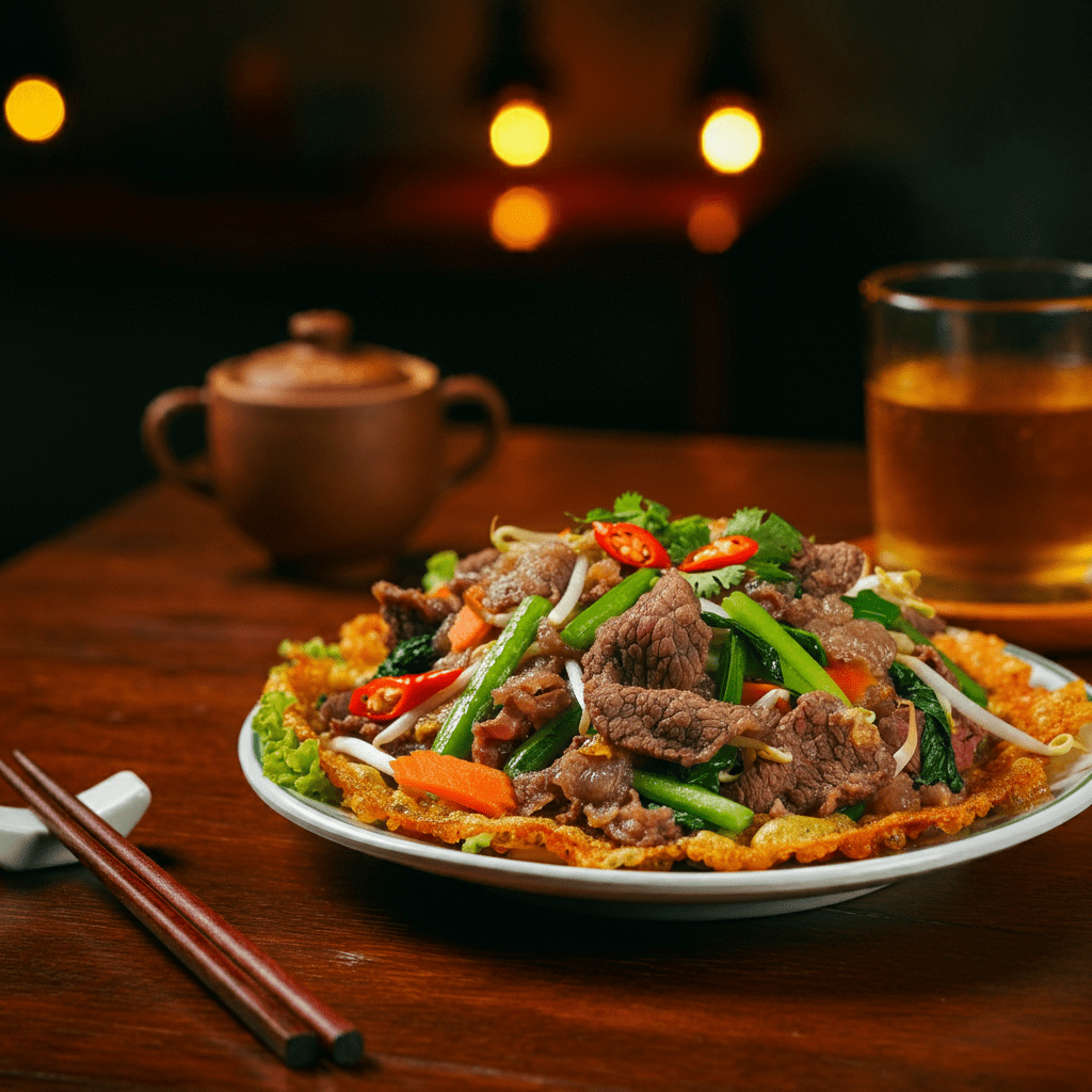 Crispy Phở Áp Chảo with marinated beef served at 37 Nguyễn Khắc Cần in Hanoi.